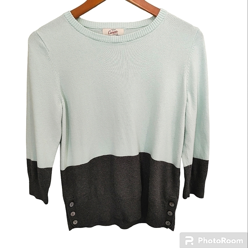 Land's End Canvas Mint & Gray Button Side Crewneck Sweater